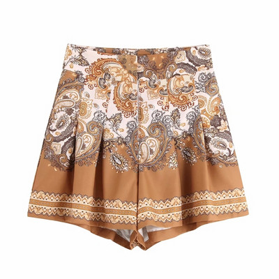 Дамски къс панталон в кафяв цвят и принт