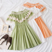 Rochie casual de dama cu umerii goi in verde, alb si portocaliu