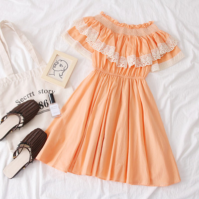 Rochie casual de dama cu umerii goi in verde, alb si portocaliu