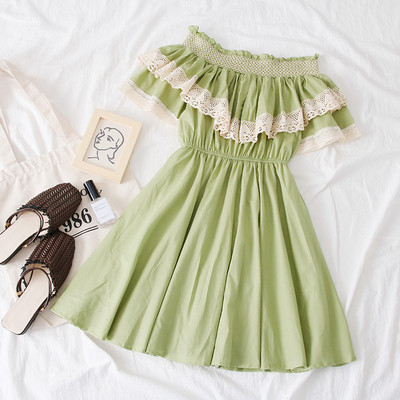 Rochie casual de dama cu umerii goi in verde, alb si portocaliu