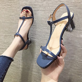 Sandale de dama elegante cu toc gros in albastru si bej