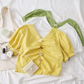 Bluză casual de damă cu decolteu în V în alb, galben și verde