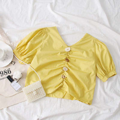 Bluză casual de damă cu decolteu în V în alb, galben și verde