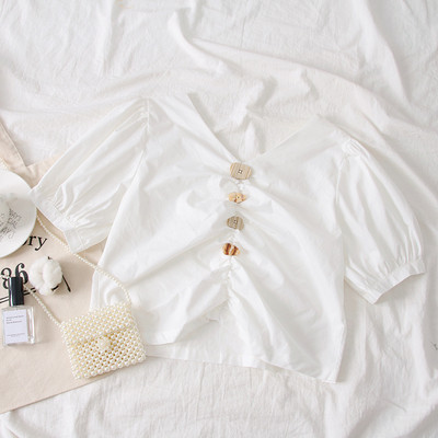 Bluză casual de damă cu decolteu în V în alb, galben și verde