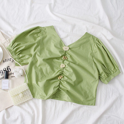 Bluză casual de damă cu decolteu în V în alb, galben și verde