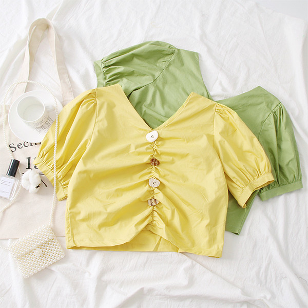 Bluză casual de damă cu decolteu în V în alb, galben și verde