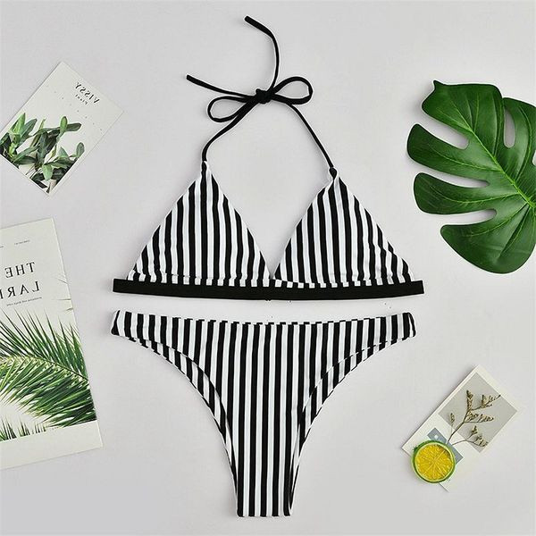 Costum de baie din două piese în dungi alb-negru