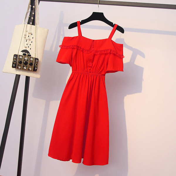 Rochie moderna de dama cu bretele subtiri in negru si rosu