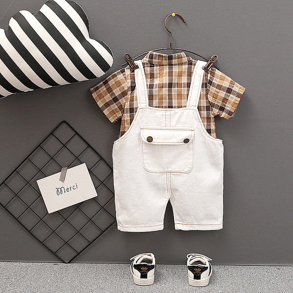 Set modern pentru copii pentru baieti salopeta si camasa in doua culori