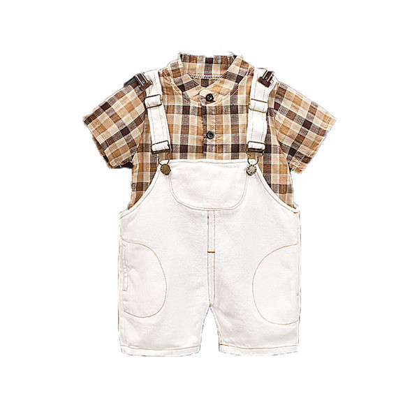 Set modern pentru copii pentru baieti salopeta si camasa in doua culori