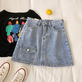 Fusta dama casual din denim cu buzunar albastru