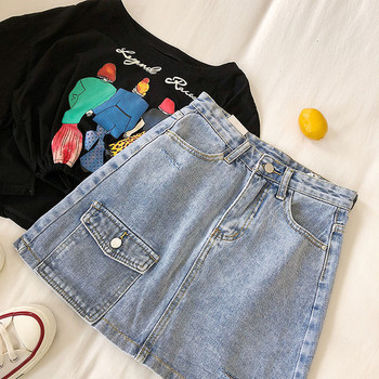 Fusta dama casual din denim cu buzunar albastru