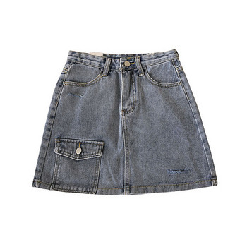 Fusta dama casual din denim cu buzunar albastru