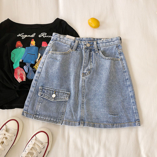 Fusta dama casual din denim cu buzunar albastru