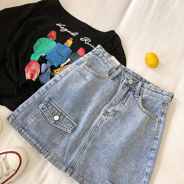 Fusta dama casual din denim cu buzunar albastru