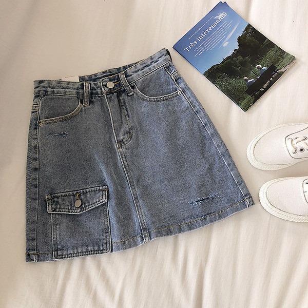 Fusta dama casual din denim cu buzunar albastru