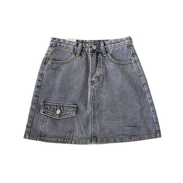 Fusta dama casual din denim cu buzunar albastru