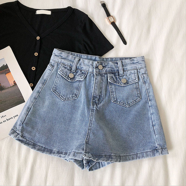 Fusta-pantaloni de dama din denim cu buzunare si talie inalta