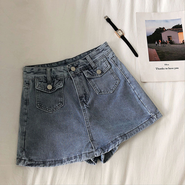 Fusta-pantaloni de dama din denim cu buzunare si talie inalta