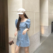 Rochie casual de dama din denim cu maneci scurte si nasturi in albastru