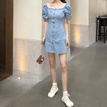Rochie casual de dama din denim cu maneci scurte si nasturi in albastru