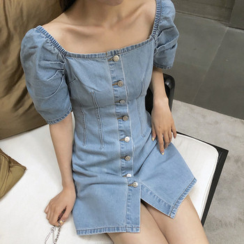 Rochie casual de dama din denim cu maneci scurte si nasturi in albastru