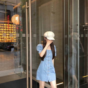 Rochie casual de dama din denim cu maneci scurte si nasturi in albastru