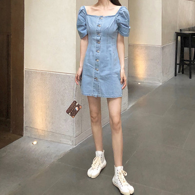 Rochie casual de dama din denim cu maneci scurte si nasturi in albastru
