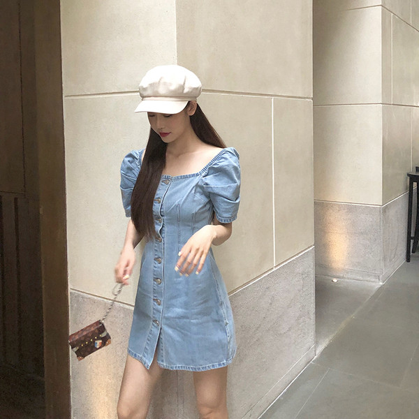 Rochie casual de dama din denim cu maneci scurte si nasturi in albastru