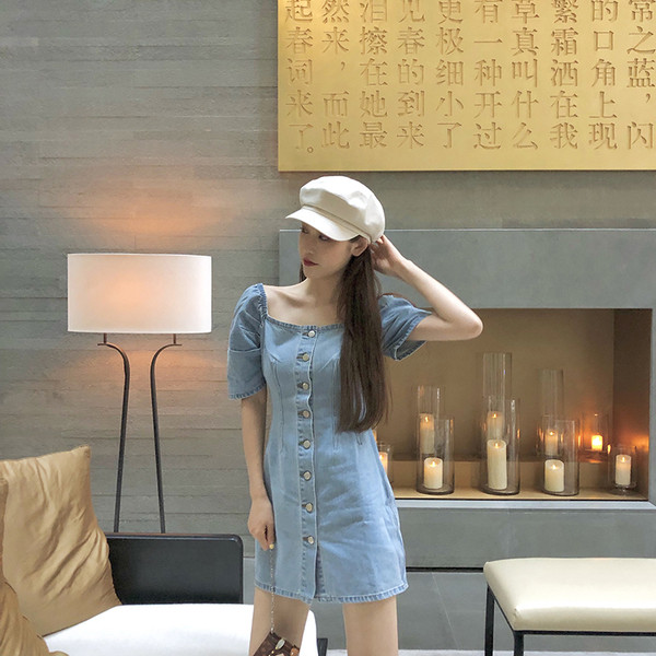 Rochie casual de dama din denim cu maneci scurte si nasturi in albastru