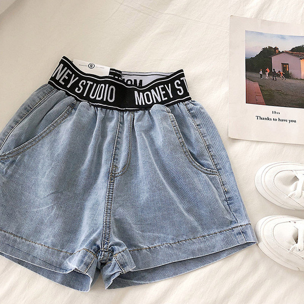 Blugi scurti de dama cu talie elastica de culoare albastra