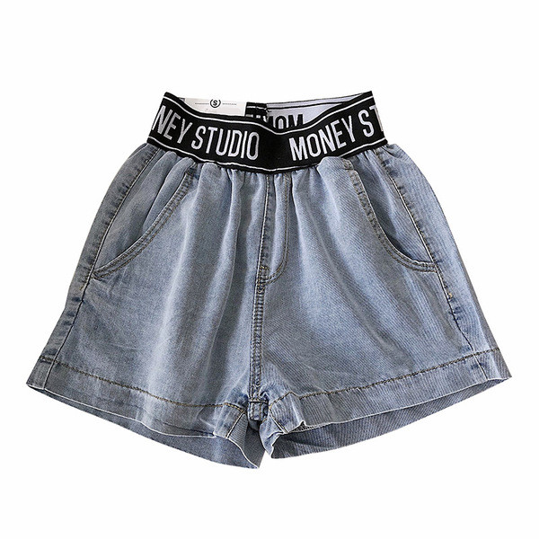 Blugi scurti de dama cu talie elastica de culoare albastra