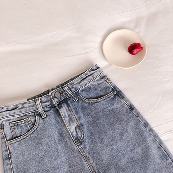 Fusta de damă actuală din denim cu aplicație de buzunar cu talie înaltă