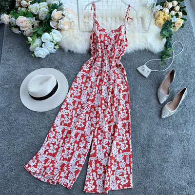 Актуален дамски дълъг гащеризон с флорални мотиви в три цвята