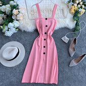 Модерна дамска рокля с широки презрамки и копчета в няколко цвята