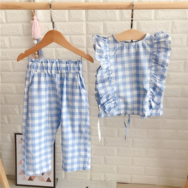 Set copii in carouri pentru fete maiou si pantaloni