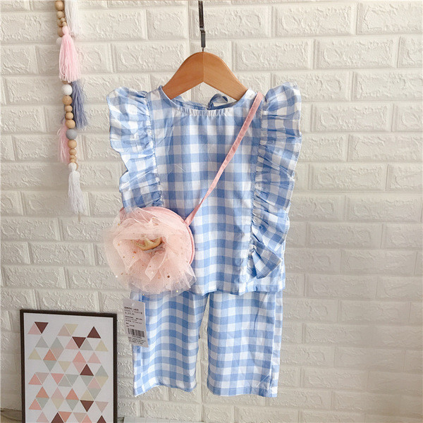 Set copii in carouri pentru fete maiou si pantaloni