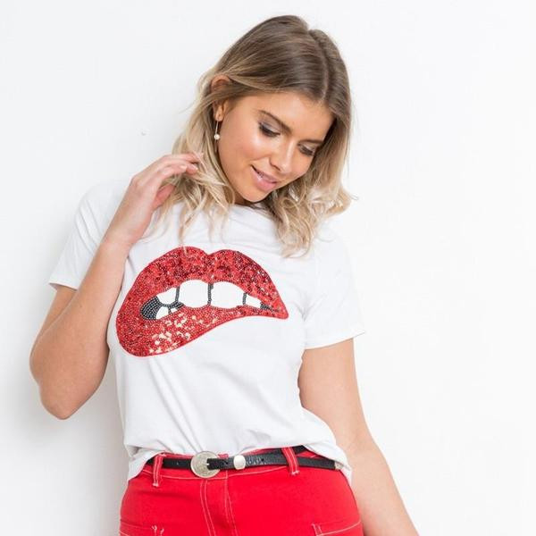 Modern női póló rövid ujjal és flitterekkel fehér és fekete színben