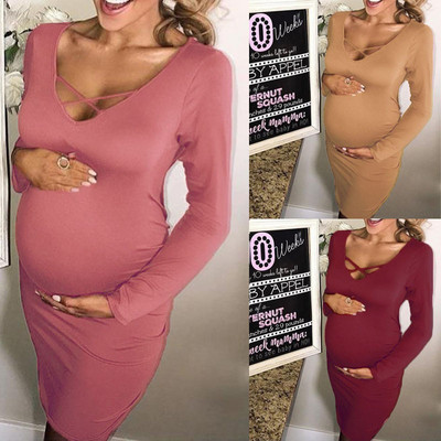 Ежедневна дамска рокля с V-образно деколте за бременни жени в три цвята 