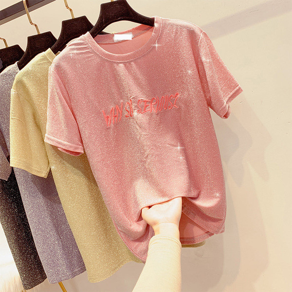 Tricou dama cu efect stralucitor si inscriptie in mai multe culori
