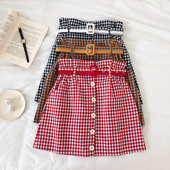 Fusta dama in carouri cu talie inalta si curea in mai multe culori