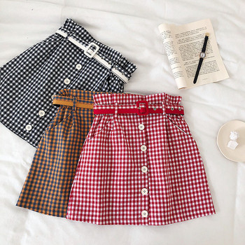 Fusta dama in carouri cu talie inalta si curea in mai multe culori