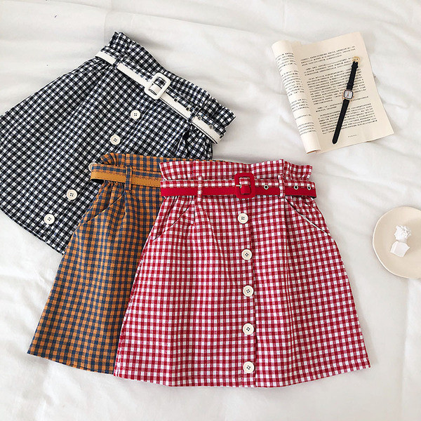 Fusta dama in carouri cu talie inalta si curea in mai multe culori