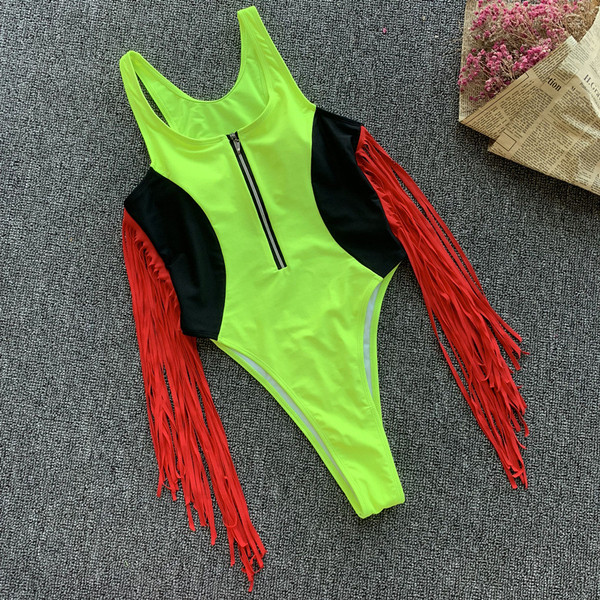 Costum de baie complet cu fermoar și franjuri de culoare neon