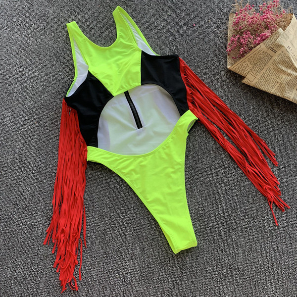 Costum de baie complet cu fermoar și franjuri de culoare neon
