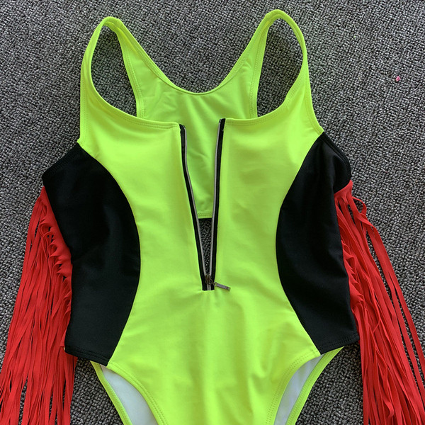 Costum de baie complet cu fermoar și franjuri de culoare neon