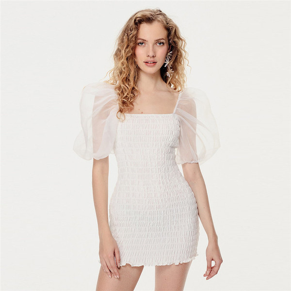 Rochie de dama actuala model Slim cu maneci transparente in culoarea alba