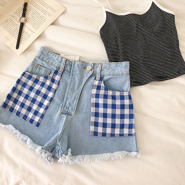 Blugi scurti casual de dama cu buzunare albastre