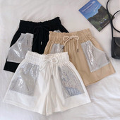 Pantaloni scurti moderni de dama cu talie elastica si element de paiete in mai multe culori