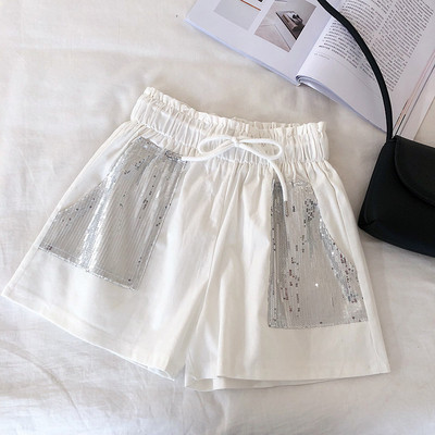 Pantaloni scurti moderni de dama cu talie elastica si element de paiete in mai multe culori
